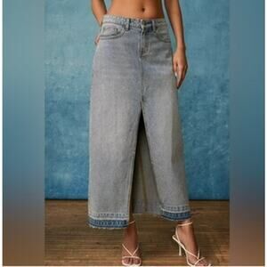 BDG Urban Outfitters Mandy Denim Maxi Skirt Sz L Light Blue Raw Hem Front Slit